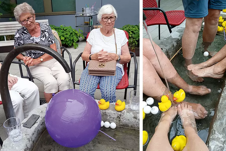 Links: Die Bewohnerinnen Trudi Kirzenberger (l.) und Maria-Louise UIrich «meditieren» beim Wasserspiel im Brunnen auf dem Plätzli über die Frage «Wie bleibe ich cool». Rechts: Stillleben «Füsse, Enten und Pingpongbälle».