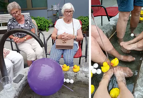 Links: Die Bewohnerinnen Trudi Kirzenberger (l.) und Maria-Louise UIrich «meditieren» beim Wasserspiel im Brunnen auf dem Plätzli über die Frage «Wie bleibe ich cool». Rechts: Stillleben «Füsse, Enten und Pingpongbälle».