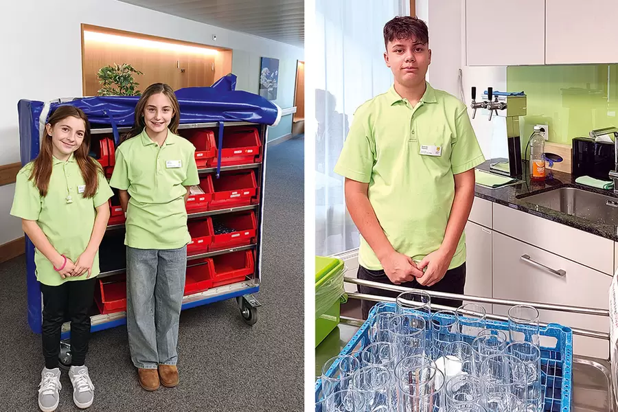 Wunderbares Wägeli: Jamie und Lejla verteilen frische Wäsche. Hoch die Tassen und Gläser!  Bozhidar hilft im Hotelservice.