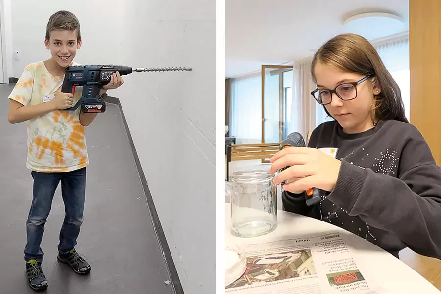 Ein starker Mann, eine schlagende Bohrmaschine, eine dicke Wand: Sandro im Facility Management. Dank Klebepistole klebts ewig: Olivia in der Aktivierung.