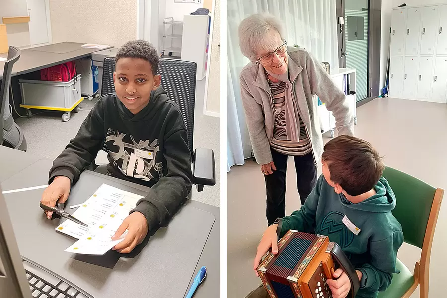 Von wegen Bürogummi: Noel wirkt in der Acherhof-Administration. Örgelivirtuose Sandro unterhält sich mit Bewohnerin Agnes Eichhorn. 