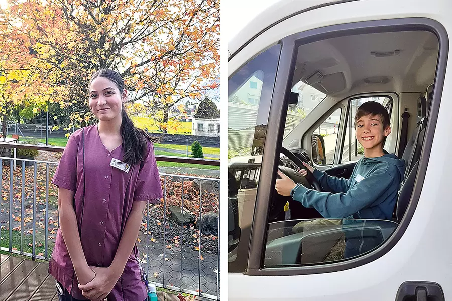 lana auf dem Balkon des Hauses Franziskus für demenzerkrankte Menschen. Örgeler Sandro interessiert sich fürs Facility Management – und für Fahrzeuge.