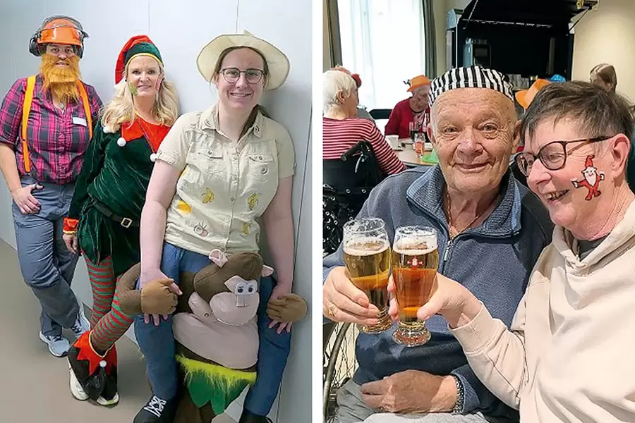 Vom Aff Bobby gebissen?! – Aktivierungs­mitarbeiterinnen als verkappte/r Holzfäller, Elfe und Safari-Guide. Ein Prosit der Gemütlichkeit (r.).