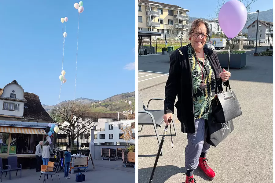 Von weitem sichtbar – im Acherhof begrüsst man den Frühling. Auch Elisabeth auf der Maur, die seit kurzem im Acherhof wohnt, begrüsst den Frühling mit Ballon.