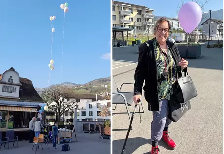 Von weitem sichtbar – im Acherhof begrüsst man den Frühling. Auch Elisabeth auf der Maur, die seit kurzem im Acherhof wohnt, begrüsst den Frühling mit Ballon.