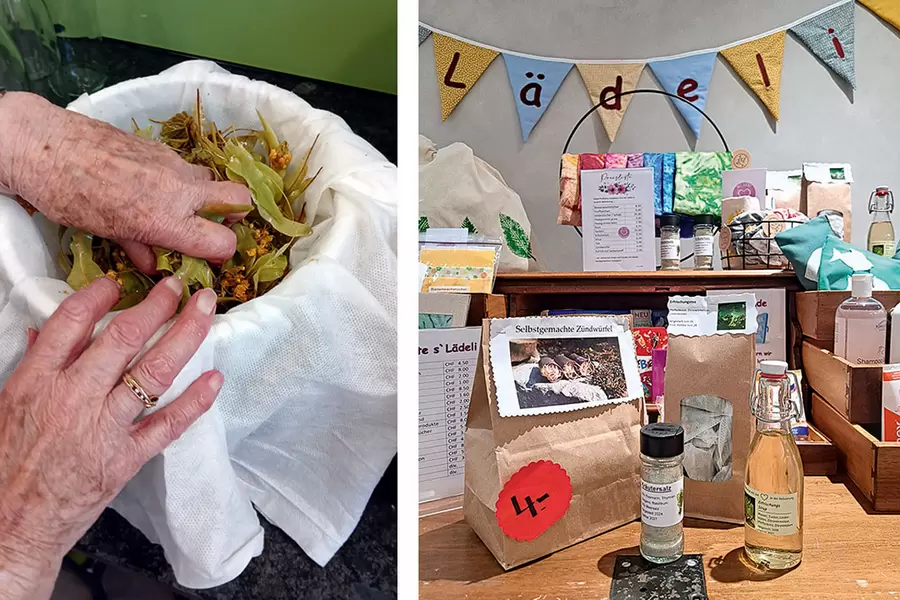 Links: Die Lindenblüten werden eingelegt und abgesiebt. Rechts: Die selbstgemachten Produkte sind im Lädeli in der Lobby bei der Réception des Alterszentrums Acherhof erhältlich.