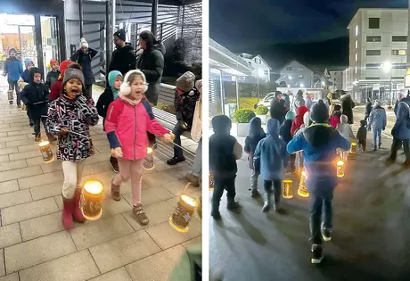 Die (lauthals) singenden Kinder beim Auszug aus dem Alterszentrum Acherhof und auf der nächtlichen Acherhof-Piazza.