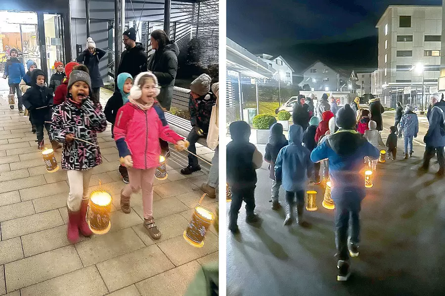 Die (lauthals) singenden Kinder beim Auszug aus dem Alterszentrum Acherhof und auf der nächtlichen Acherhof-Piazza.
