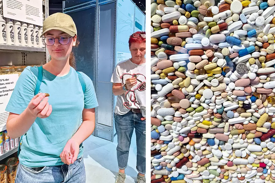 Rechts: Zwei mutige Testerinnen probieren proteinreiche Insekten. Links: Eine Wand mit verworfenen Medikamenten.